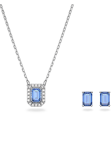 Swarovski Octagon Cut Blue Crystal and Rhodium Millenia Necklace and Earrings Set