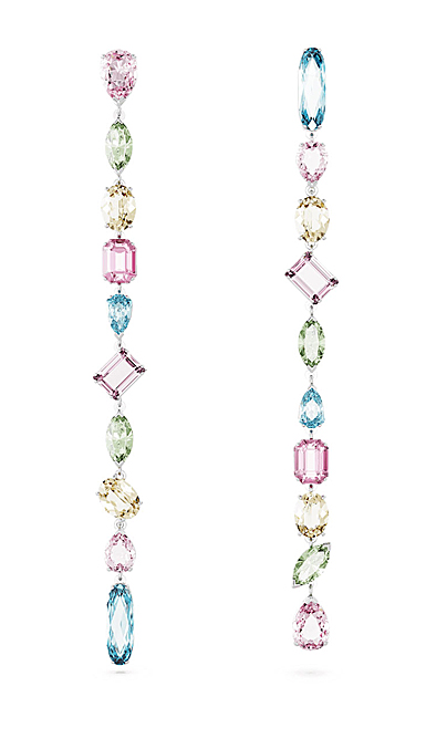 Swarovski Gema drop earrings, Asymmetrical design, Mixed cuts, Extra long, Multicolored, Rhodium