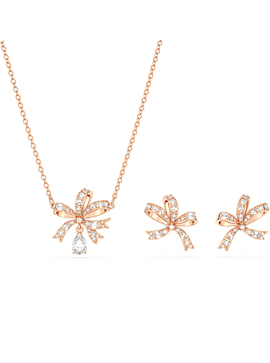 Swarovski Crystal and Rose Gold Volta Bow Necklace and Pierced Earrings Set