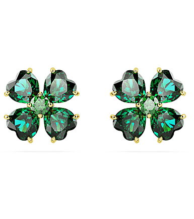 Swarovski Idyllia Clover Green and Gold Stud Pierced Earrings, Pair