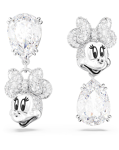 Swarovski Disney Minnie Mouse drop earrings, Asymmetrical design, White, Rhodium