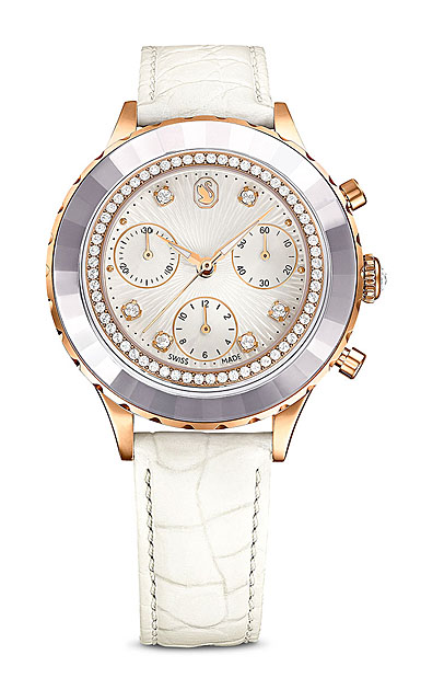 Swarovski Octea Chrono watch, Swiss Made, Leather strap, White, Rose gold-tone finish
