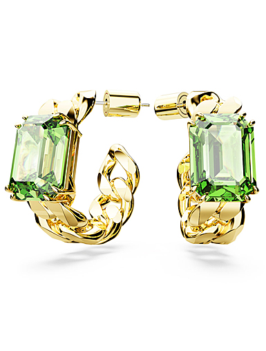 Swarovski Millenia hoop earrings, Octagon cut, Green, Gold