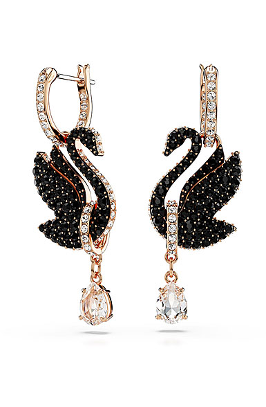 Swarovski Swarovski Iconic Swan drop earrings, Swan, Black, Rose gold ...
