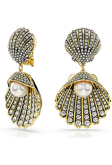 Swarovski Idyllia clip earrings, Crystal pearl, Shell, White, Gold-tone plated