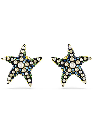 Swarovski Idyllia stud earrings, Starfish, Small, Blue, Gold-tone plated