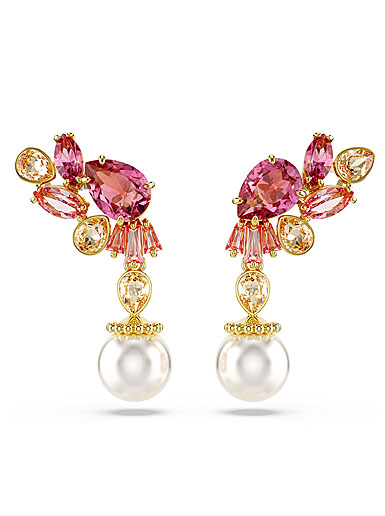 Swarovski Gema drop earrings, Mixed cuts, Crystal pearls, Flower, Pink ...