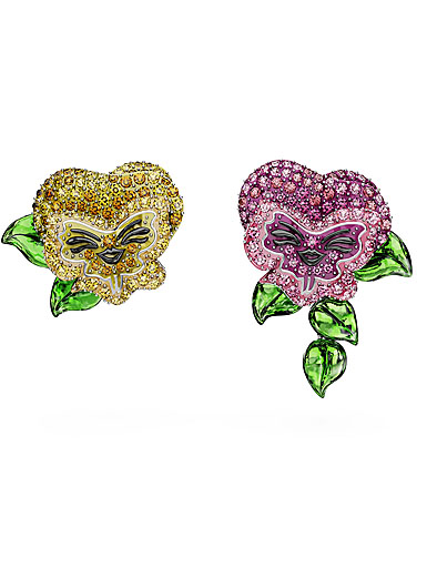 Swarovski Alice in Wonderland stud earrings, Asymmetrical design, Flower, Multicolored, Rhodium plated