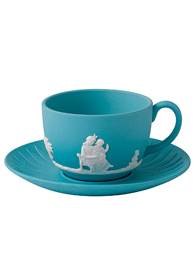 Wedgwood Jasper Classic Teacup & Saucer, White on Turquoise