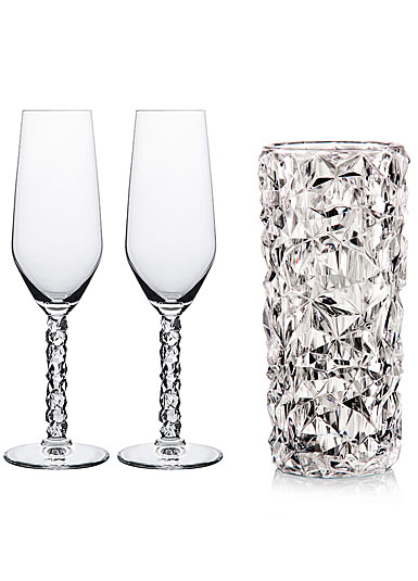 Orrefors Carat Champagne Flutes Pair and 7.125" Vase Gift Set