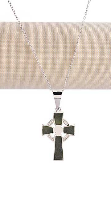 Cashs Ireland, Sterling Silver Cross Necklace With Connemara Marble Inlay