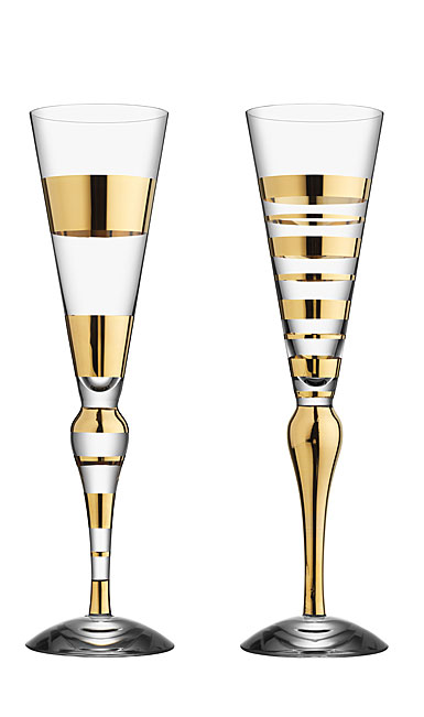 Orrefors Clown Champagne Flute Gold, Pair