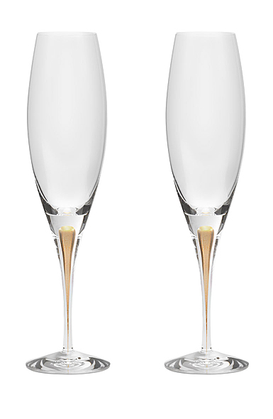 Orrefors Intermezzo Gold Champagne Toasting Flute Pair