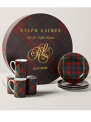 Ralph Lauren Alexander Set, 4 Dessert Plates and Mugs, Red Plaid