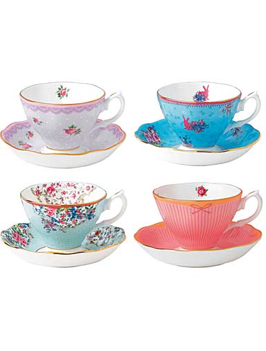 Royal Albert Candy Teacups and Saucers, Mixed Patterns, Set of Four