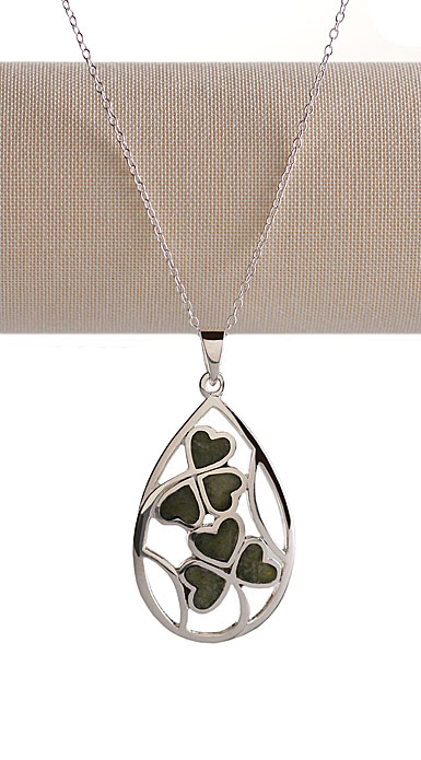 Cashs Ireland, Sterling Silver and Connemara Marble Lucky Shamrocks Pendant Necklace