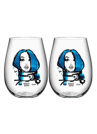 Kosta Boda All About You Stemless Wine Tumbler Pair, Miss You Blue