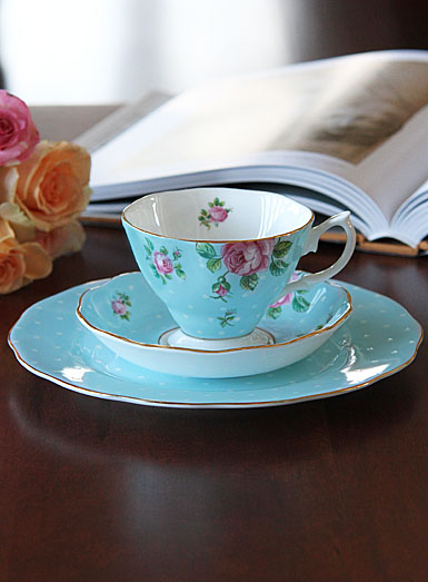 Royal Albert New Country Roses Polka Blue 3-Piece Set - Teacup, Saucer and Dessert Plate
