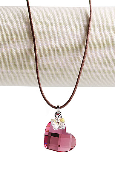 Swarovski Rhodium And Crystal Mini Rose Heart Pendant Necklace On Brown
