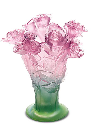Daum 8.9" Rose Vase in Green and Pink