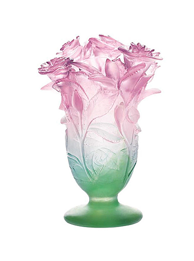 Daum 6.9" Roses Vase in Green and Pink