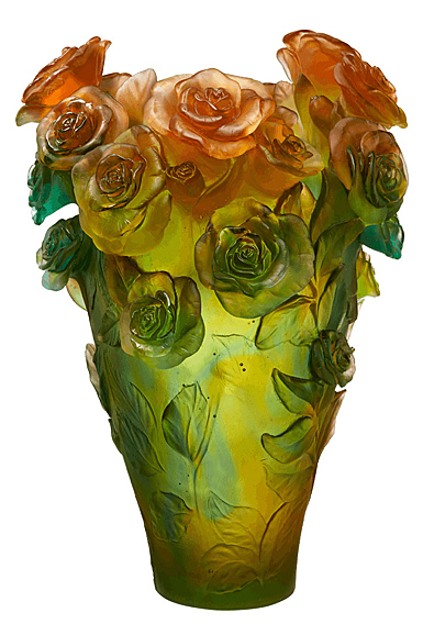 Daum Magnum Rose Passion Vase in Green and Orange, Limited Edition