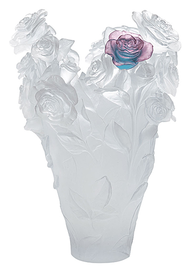 Daum Magnum Rose Passion Vase in White with Green and Pink Flower, Limited Edition