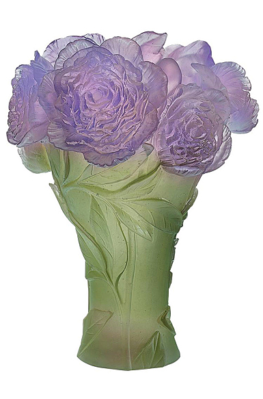 Daum 15" Peony Vase in Green and Purple