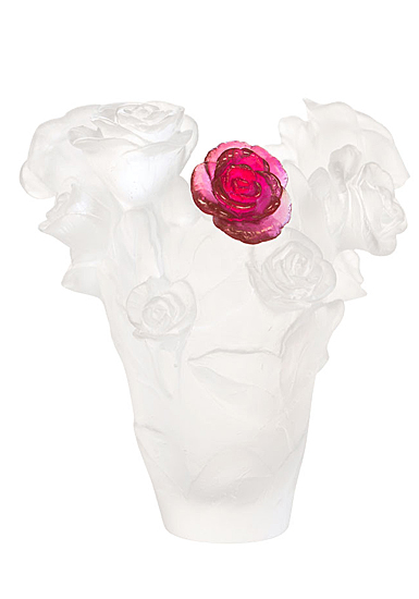 Daum Small Rose Passion Vase in White with Red Flower