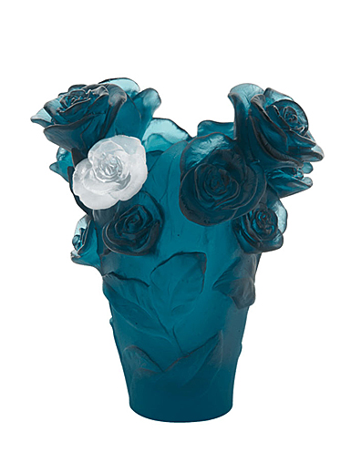 Daum 6.7" Rose Passion Vase in Blue with White Rose