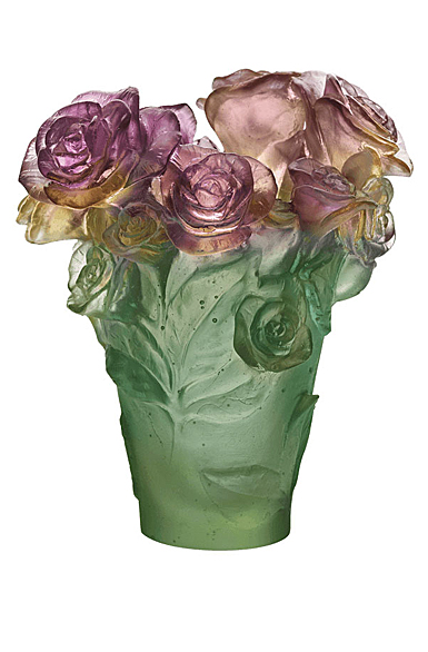 Daum 6.7" Rose Passion Vase in Green and Pink