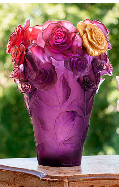Daum 13.8" Rose Passion Vase in Red, Violet, and Gilded Flower