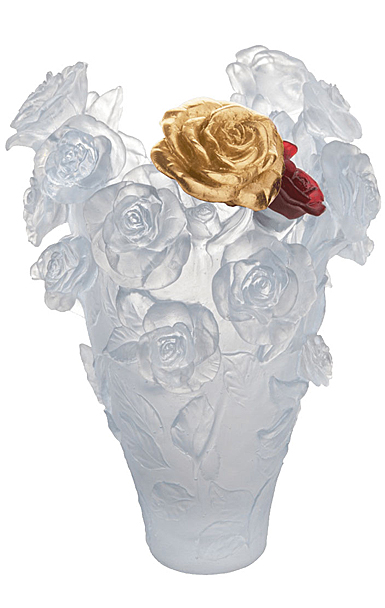 Daum 20.9" Rose Passion Vase in White with Red and Gold Flowers, Limited Edition