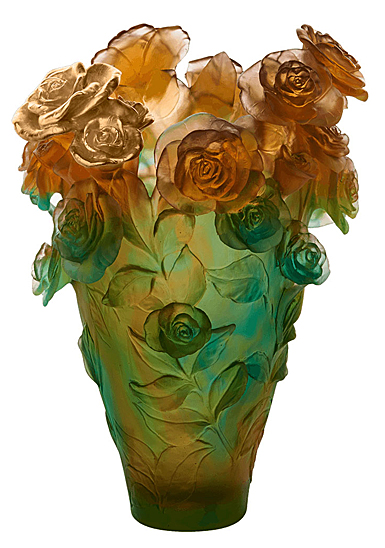Daum 20.9" Rose Passion Vase in Green and Orange with Gilded Rose, Limited Edition