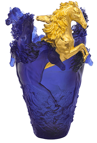Daum 19.7" Horse Vase in Blue and Gold, Limited Edition