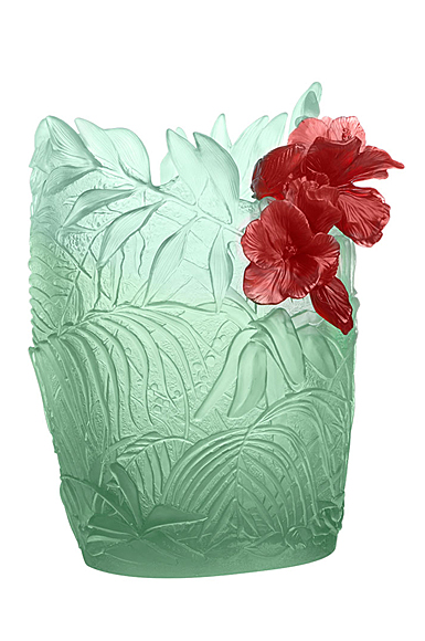 Daum Large Hibiscus Vase in Light Green and Red, Limited Edition