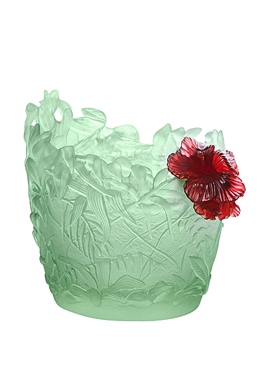 Daum Medium Hibiscus Vase in Light Green and Red, Limited Edition