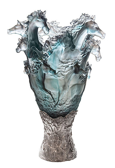 Daum Cavalcade Prestige Horse Vase in Blue and Grey, Limited Edition