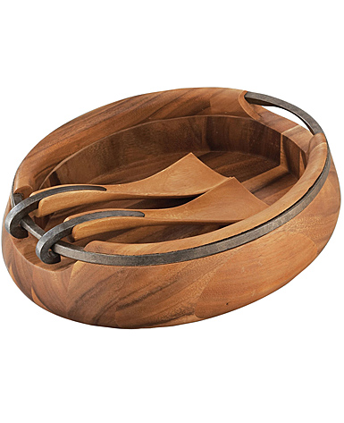 Nambe Anvil Oval Wood 13" Salad Bowl with Servers