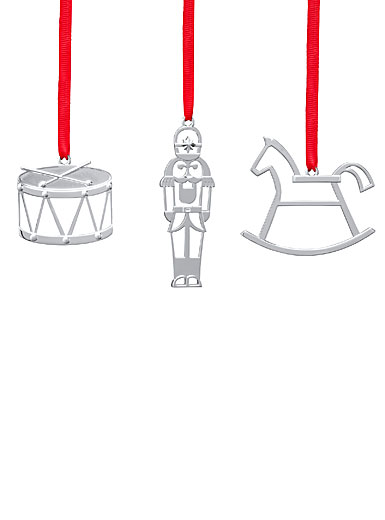 Nambe Metal 2023 Mini Rocking Horse, Nutcracker and Drum Set of Three Ornaments