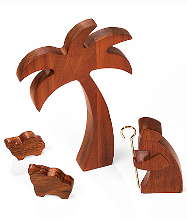 Nambe Nativity Wood Shepherd with Lambs and Palm Tree