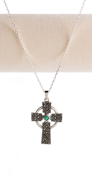 Cashs Ireland, Sterling Silver Cross Pendant With Emerald Gemstone Necklace