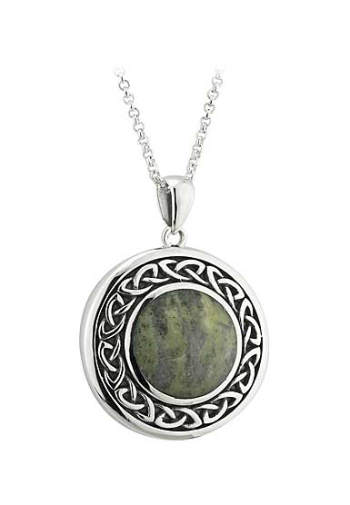 Cashs Ireland, Sterling Silver and Connemara Marble Round Celtic Pendant Necklace
