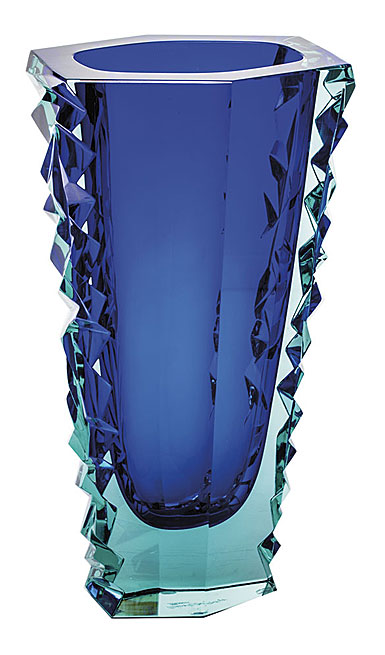 Moser Crystal Icelandic Volcano Vase 11.8" Diamond Cut, Beryl and Blue