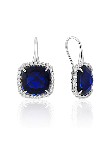 Waterford Jewelry Sterling Silver Earrings, Sapphire Cushion With Crystal Surround
