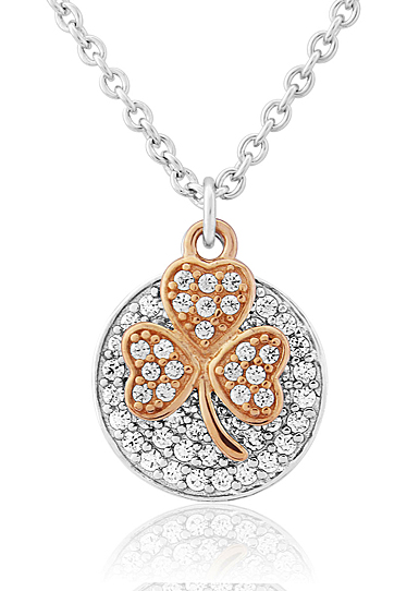 Waterford Jewelry Sterling Silver Pendant Rose Gold Shamrock With Stone Set Disc
