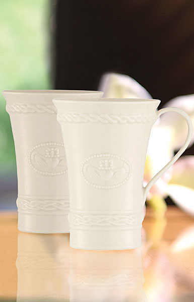 Belleek China Claddagh Latte Mugs, Pair