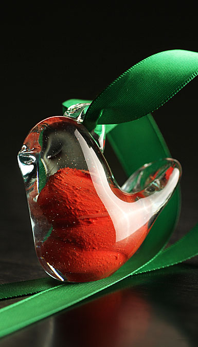 Cashs Ireland, Crystal Art Glass Forty Shades of Green, Red Christmas Bird Ornament