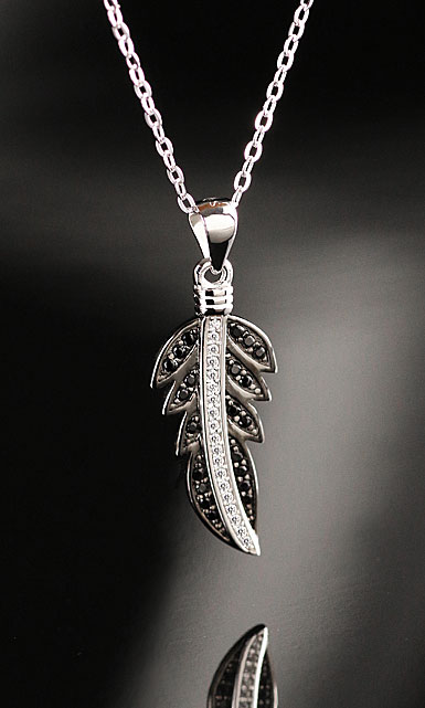Cashs Ireland, Sterling Silver Angel Feather, Jet and Crystal Pave Necklace