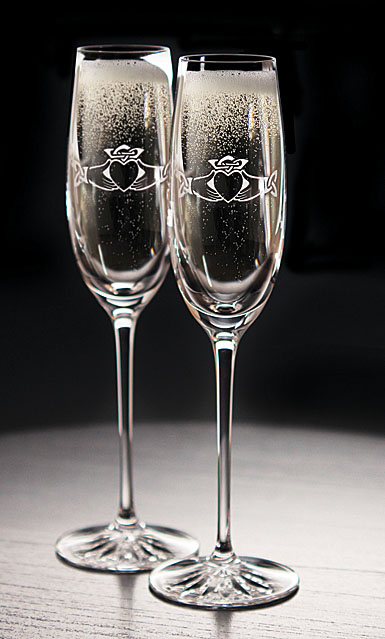 Cashs Ireland, Claddagh Crystal Champagne Toasting Crystal Flutes, Pair
